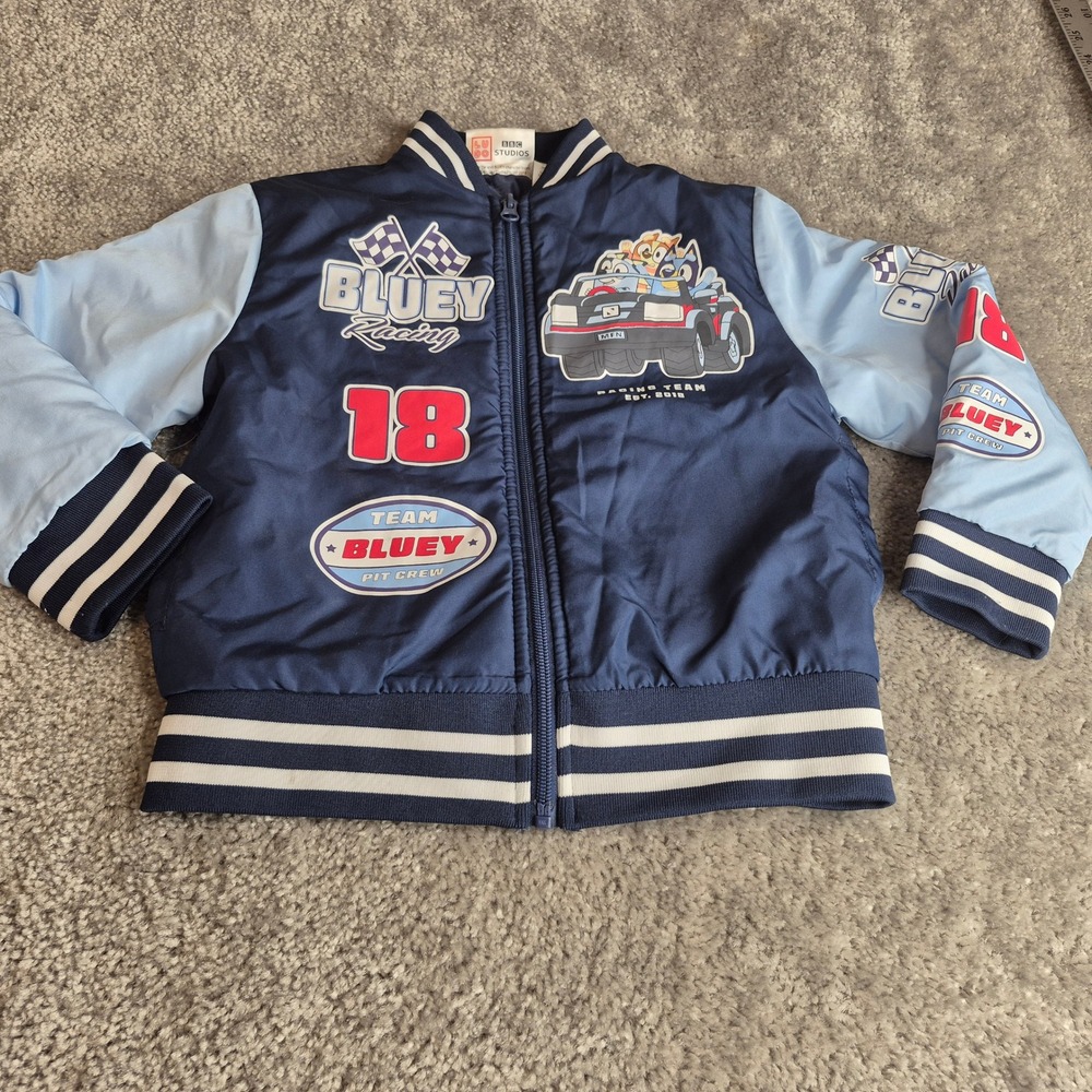 Bluey Racing Team Kids Bomber Jacket Navy Blue Varsity Windbreaker Size 4/5